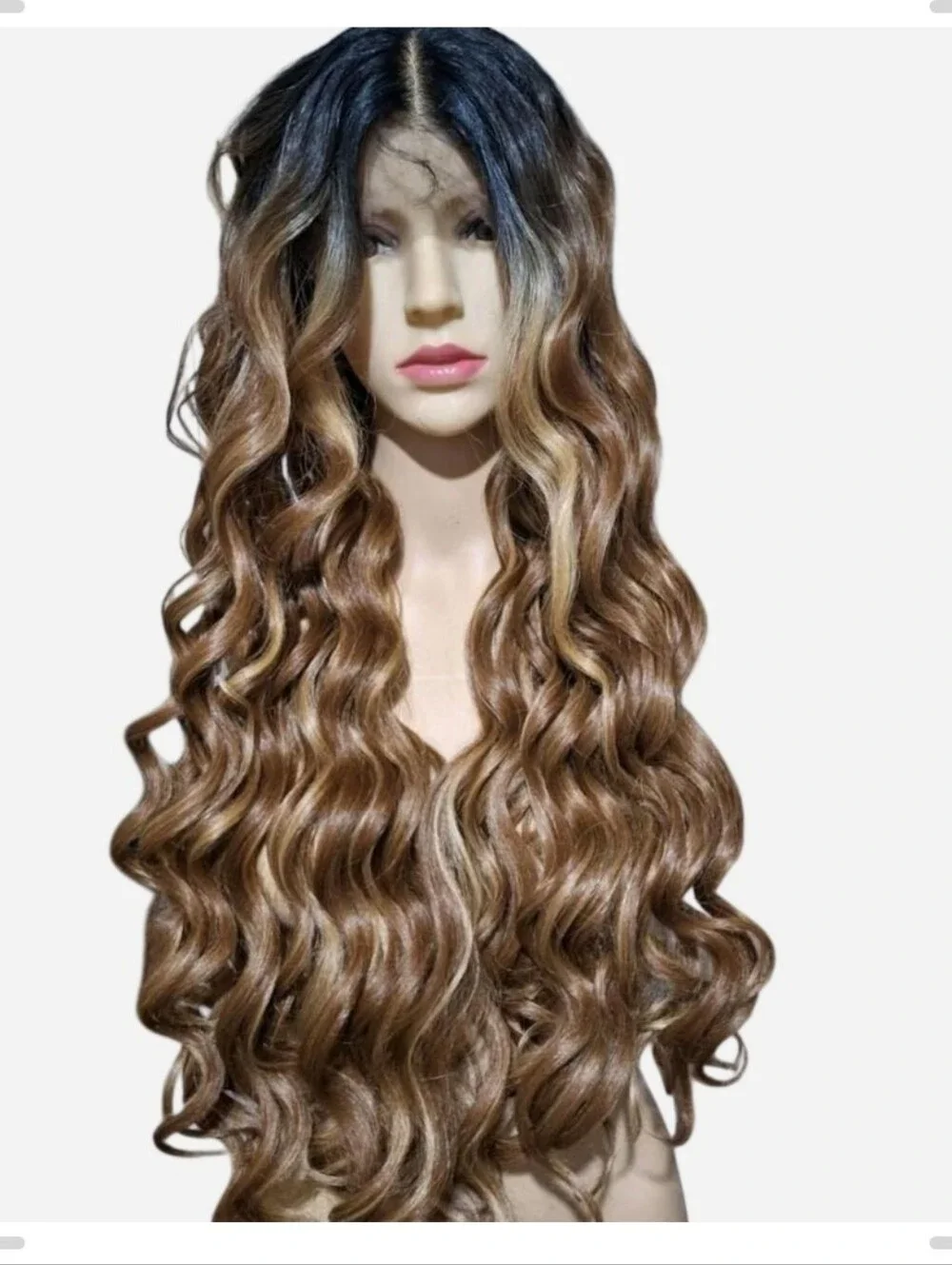 Long Wavy Lace Front Wig - Brown Ombre HUMAN HAIR BLEND WIG